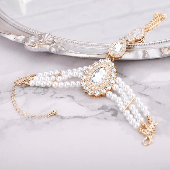 Vintage 1920S Flapper Pearl Bracelet Rhinestone Finger Ring Link Bracelet Stretc - Picture 7 of 7